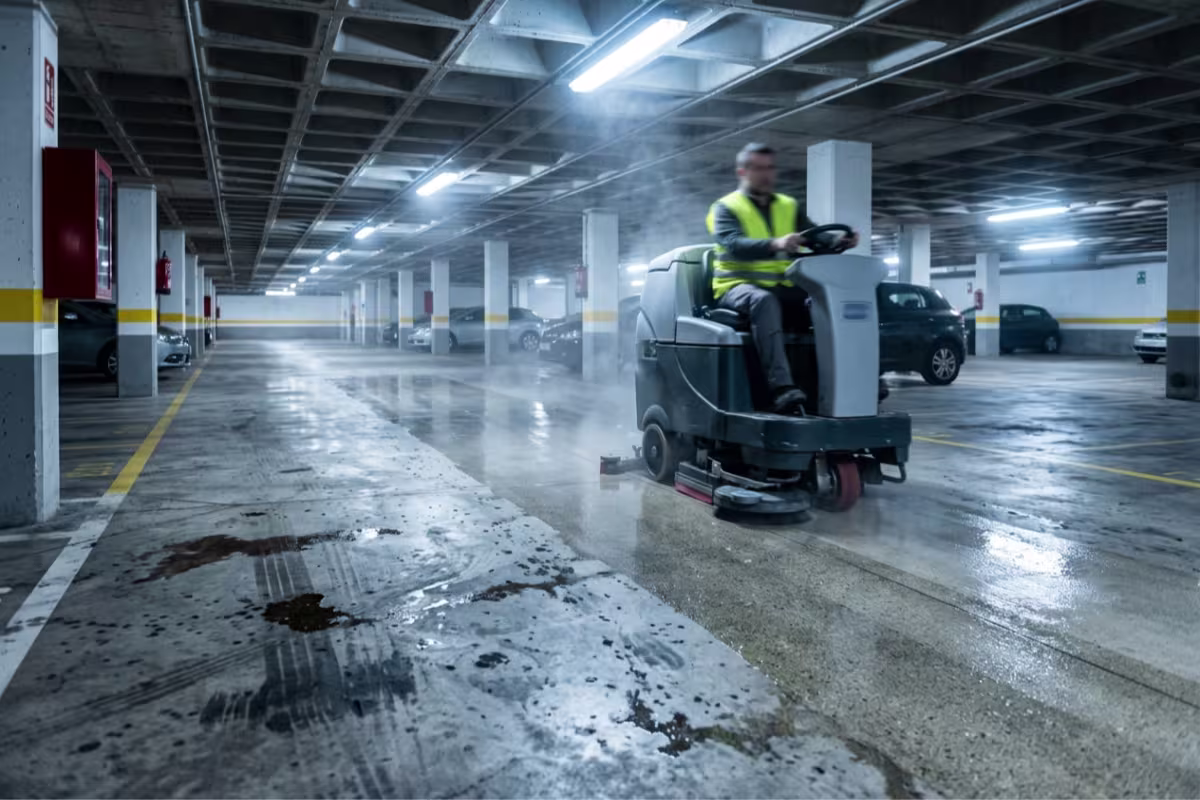 Fregadora industrial limpiando el suelo de hormigón de un garaje subterráneo en Madrid